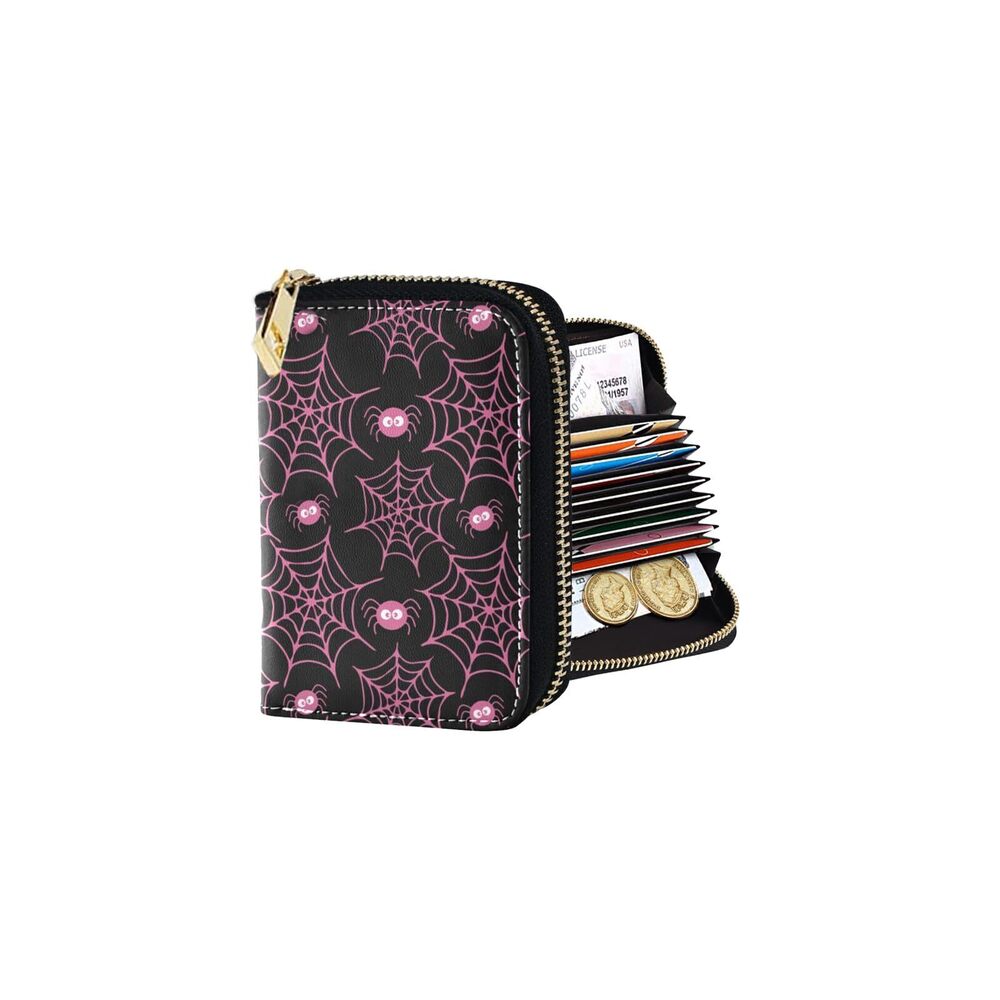 9708 Spider Web RFID Credit Card Holder Wallets , Leather Zipper Card Case